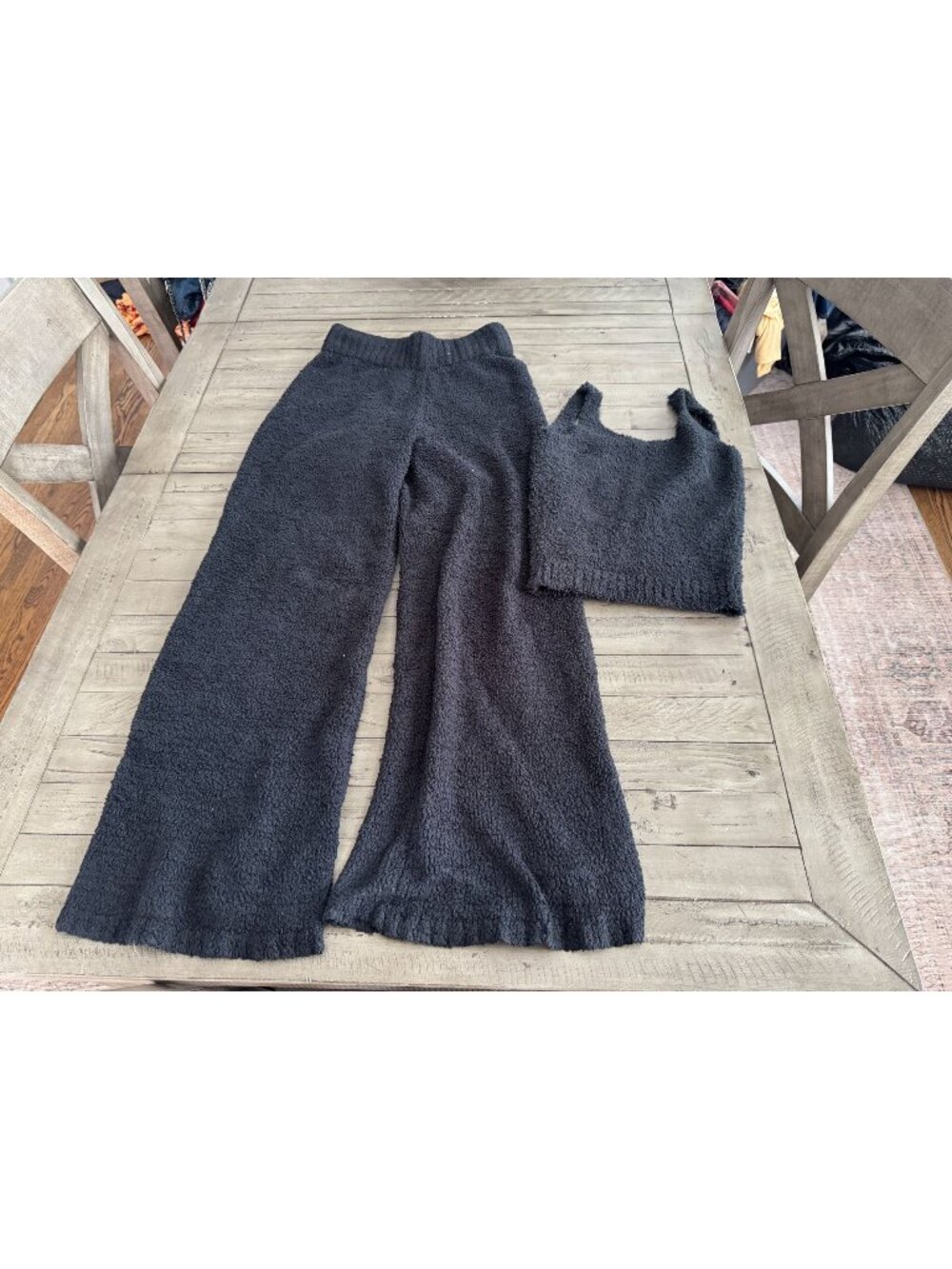 SKIMS Cozy Knit Boucle Fuzzy Teddy Wide Leg Pants + Tank Top Onyx Black S/M